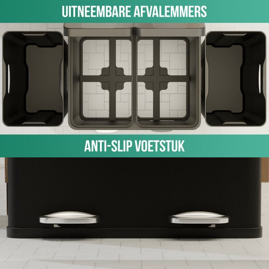Avalo - Prullenbak Afvalscheiding - 60 Liter - RVS - Zwart - 2 Vakken - 47x38x71 cm