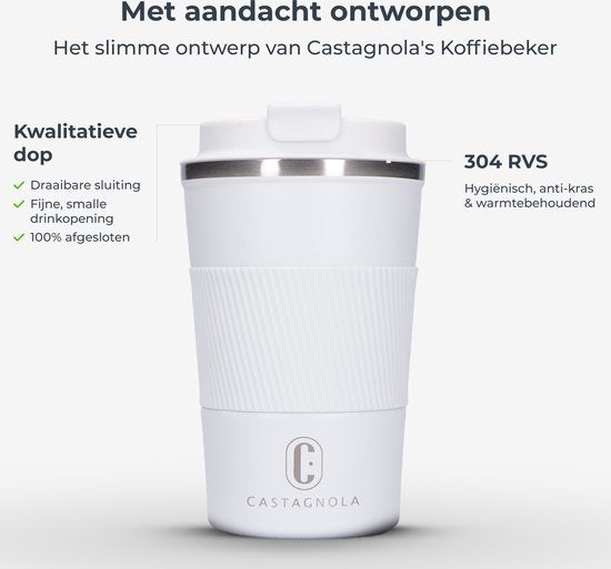 Castagnola Thermosbeker - Koffiebeker To Go - Travel Mug voor Koffie en Thee - Theebeker - 380 ML - RVS - Wit