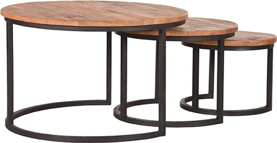 LABEL51 Triplet Salontafel Set – Rond 60 cm – Naturel Hout – Industriële Bijzettafels – Set van 3 – Stoer & Tijdloos Design