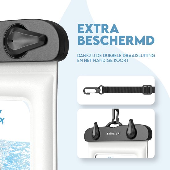 Travelly® Waterdicht Telefoonhoesje Set van 2 – Universeel Onderwater Hoesje voor Smartphone – Geschikt voor alle telefoons – Drybag – Voor Vakantie, Zwemmen & Watersport – Transparant/Wit