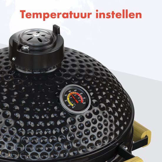 KitchenBrothers Kamado BBQ - 16 Inch Houtskool Barbecue - 34⌀ cm - Deluxe Set - Egg BBQ met Accessoires - Zwart