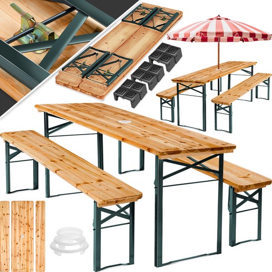 tectake® biertentenset met tafel en 2x bierbanken, met parasolhouder - biertentenset, balkonmeubilair met 1x klaptafel en 2x bierbanken, opvouwbaar, 170 x 46 x 78 cm, gelakt