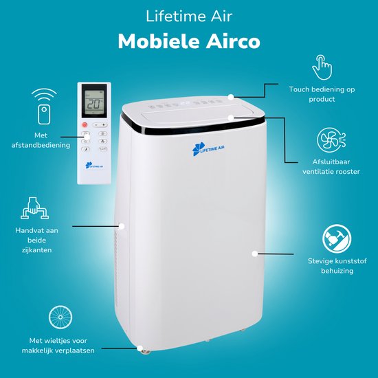 Lifetime Air Mobiele Airco – 14.000 BTU - Airconditioner incl. Raamafdichting kit - Airconditioning, Luchtontvochtiger en Ventilator - Air Conditioner met Slang – Verkoeling tot 96m3 – Timer en Afstandsbediening