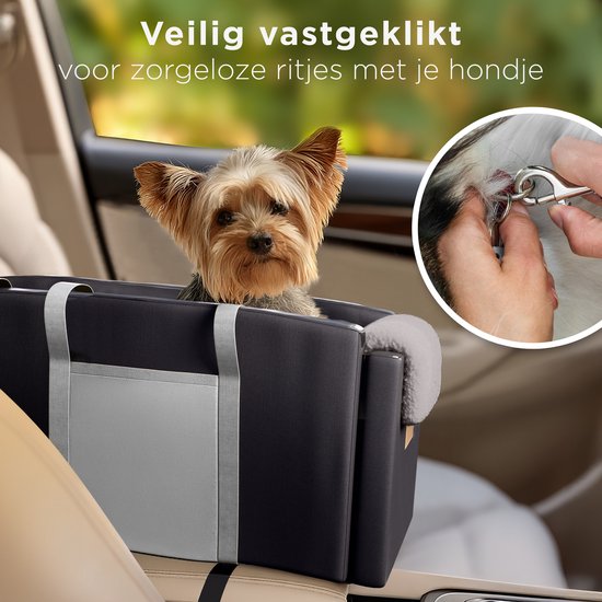 CozySense® Honden Autostoel - Hondenmand Auto met Wasbare Hoes - Voor Kleine Hond - Past in Middenconsole - Ook als Draagtas - Zwart/Grijs
