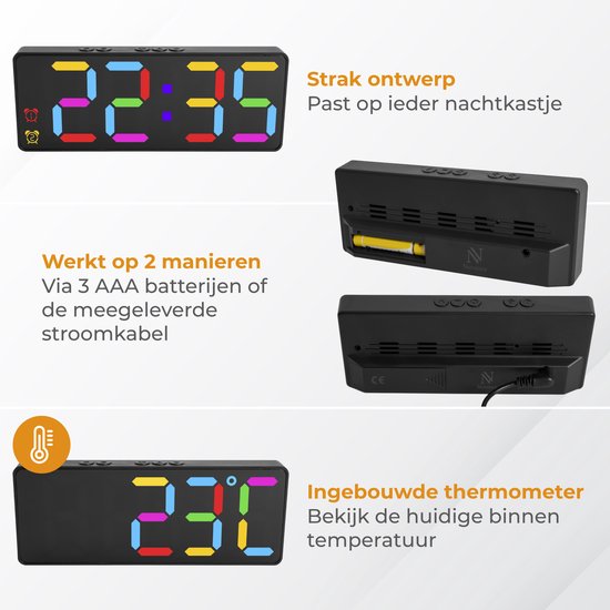 Nuvance Digitale Wekker - Digitale Klok - Wekkers voor Kinderen & Volwassenen - Reiswekker - Slaapkamer - Led Wekkers Digitaal - Zwart RGB