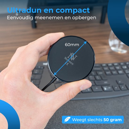 Nuvance Draadloze Oplader - 15W Snellader - Geschikt voor Magsafe - Wireless Charger - Incl. Usb-C Kabel - Zwart
