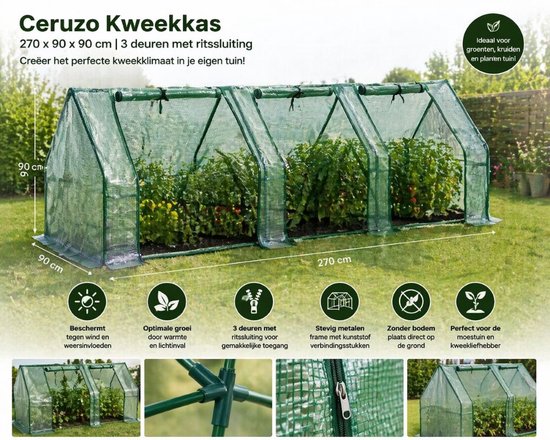 Ceruzo Kweekkas 270 cm – Foliekas – 3 Deuren – Broeikas – Tuin - 270 x 90 x 90cm
