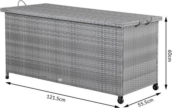 Casaria Opbergkist – 420L – 122x56x61 cm – Waterdicht & Weerbestendig – Met Wielen en Gasdrukveren – Polyrattan – Grijs