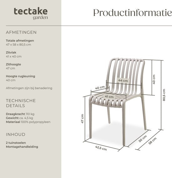 tectake® Set van 2 Tuinstoelen Alcudia - Taupe - Kunststof Stoelen - Stapelbaar - Stoelen voor Tuin, Terras of Balkon - Weerbestendig en UV-bestendig - Draagkracht 120kg per Tuinstoel