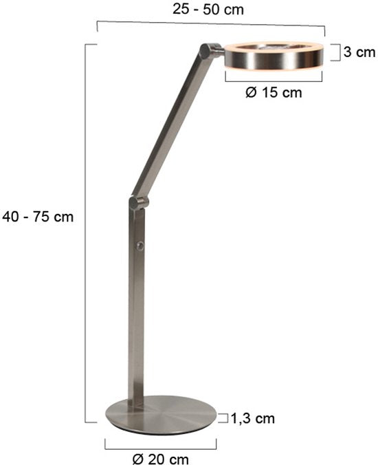 Tafellamp Ringlux 4139ST van Steinhauer - Elegante lamp van geborsteld staal, hoogte verstelbaar van 40 tot 75 cm, met dubbele LED-verlichting en touchdimmer.