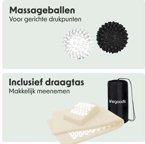 LifeGoods Acupressuur Mat XL - met Kussen - Shakti mat - Spijkermat Incl. 2x Triggerpoint Bal - 128x48x2cm - Beige/Wit