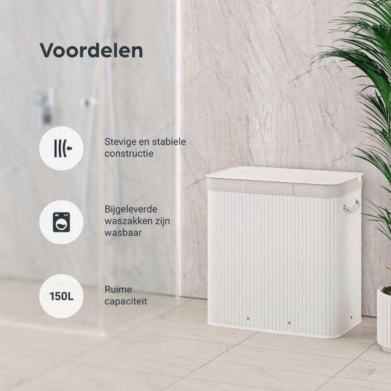 Organess wasmand 3 vakken - Wassorteerder - Wasmand met deksel - Opvouwbaar - 150L - Witte bamboe