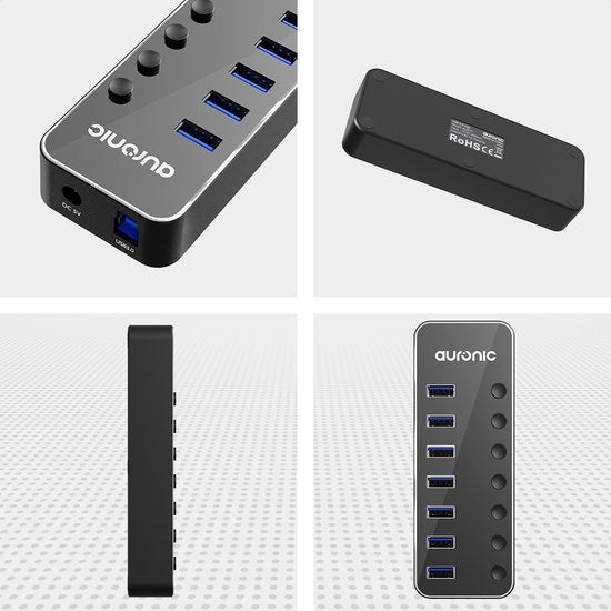 Auronic USB Hub 3.0 - USB Splitter met 7 Poorten - met Voeding - 5 GBPs - Led Indicatie - Zwart