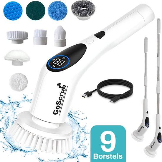 GoScrub® Cleaning King V2 - Elektrische Schoonmaakborstel – Elektrische Schrobber - Schrobborstel – voor badkamer of keuken – Schrobber Met Steel - 9 opzetstukken