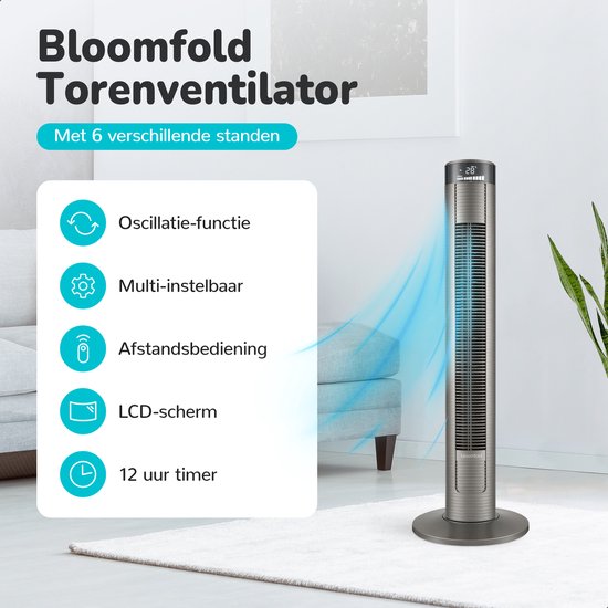 Bloomfold Toren Ventilator - 38 inches - Grijs - Afstandsbediening - Slaapstand - 12 uur Timer - Full Led Display