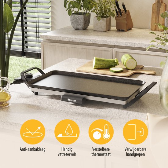 Tristar Grillplaat BP-2667 - Tafelgrill M: 46 x 26 cm - Voor binnen en buiten - BPA Vrij - Gourmet bakplaat voor op tafel - 4 tot 6 personen - Met regelbare thermostaat - Anti-aanbaklaag - Zwart