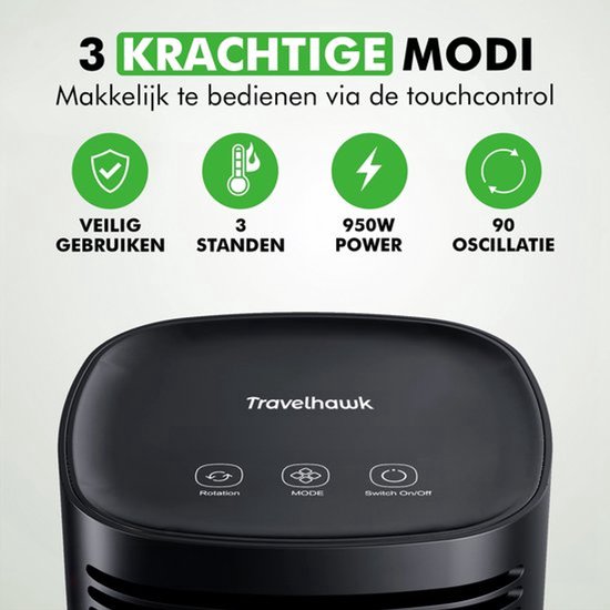 Travelhawk Elektrische Verwarming - Keramische Kachel - 3 Standen - 950W Heater - Elektrische Kachel met LED Indicatie - Roterend - Zwart