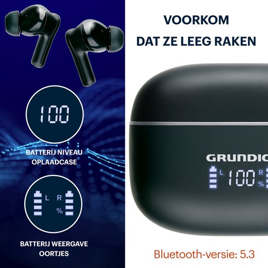 Grundig Draadloze Oordopjes - Bluetooth Earbuds - Noise Cancelling ANC+ENC - Oortjes Draadloos - Oplaadcase met LED-Display - BT 5.3 - Batterijduur 25 Uur