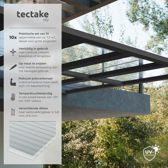 tectake® - Set van 10 Polycarbonaat Platen - Stevige lichtdoorlatende, UV-Bestendige dubbelwandige platen - 121 x 60,5 cm - 7,32m² totaal - Transparant - Broeikas plaat - 4 mm dik