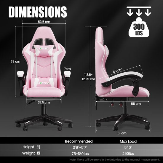 Bigzzia Gamingstoel - Ergonomische bureaustoel van PU-leer - In hoogte verstelbaar - Met lendenkussen en hoofdsteun - Comfortabele gamestoel voor volwassenen - Meisjes en jongens