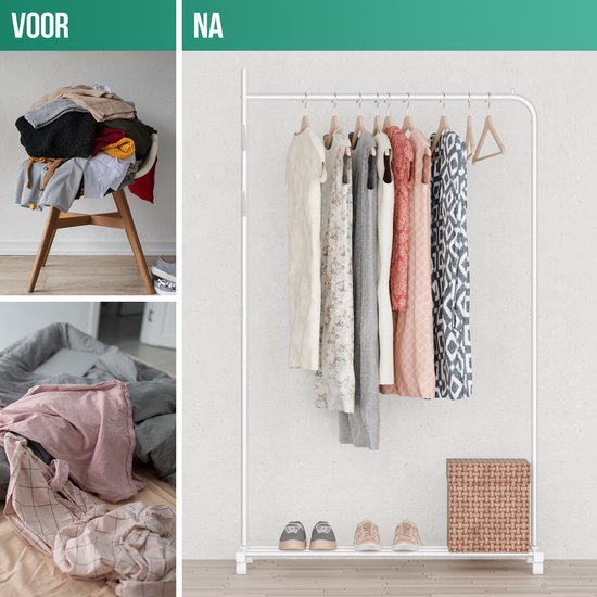 Avalo Kledingrek op Wieltjes Wit - Metaal - 100x40x156 - Opbergruimte Voor Schoenen