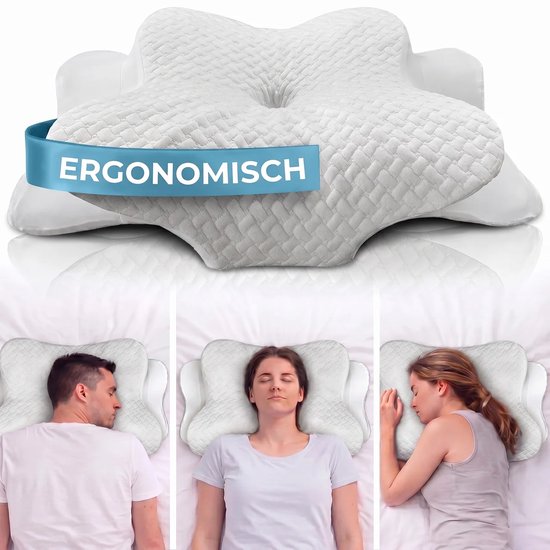 Rustiva® - Orthopedisch Vlinderkussen tegen Nekklachten - Apneu Slaapkussen – Ergonomisch Hoofdkussen van Verkoelend Traagschuim - Memory Foam voor Rug-, Zij- en Buikslapers – Ademvrij – 2 Hoogtes – Wit – NL Handleiding - Comfortniveau Medium zacht