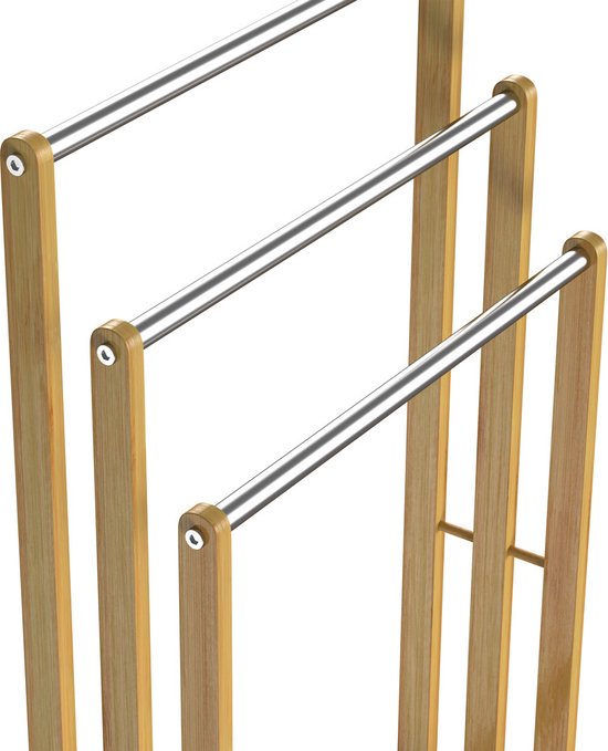 Casaria Handdoekhouder - staand - 3 stangen - bamboe - RVS, 46x24x84cm, bruin