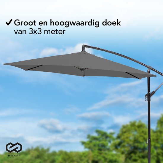 Infinity Goods Zweefparasol - 300CM - Incl. Kruisvoet - Waterdicht - Draai- en kantelbaar - Verstelbare Hoogte - Antraciet