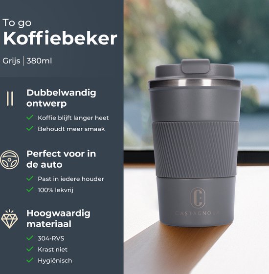 Castagnola Thermosbeker - Koffiebeker To Go - Travel Mug voor Koffie en Thee - Theebeker - 380 ML - RVS - Grijs