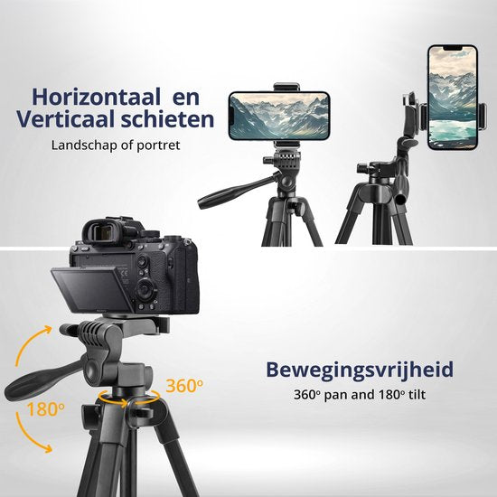 Studio ME Telefoon Statief - 136 cm - Tripod Smartphone - Zwart - Camera Statief - Telefoonhouder - Incl. Bluetooth Afstandsbediening - Statief Telefoon