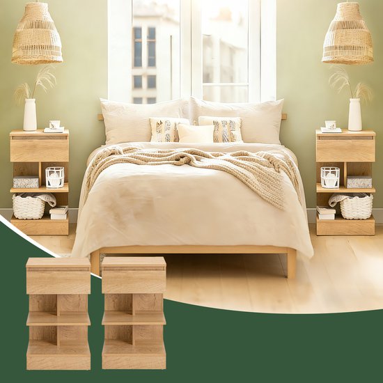 SoBuy Set van 2 Bijzettafel, Nachtkastje met 1 Lade en 3 Planken, Multifunctionele Salontafel voor Slaapkamer of Woonkamer, Scandinavisch Design, Natuur Houtbruin, 39x65x39cm, FBT49-Nx2
