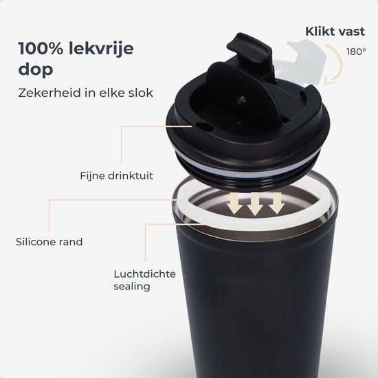 Castagnola Thermosbeker - Koffiebeker To Go - Reis Mok voor Koffie en Thee - Theebeker - 380 ML - RVS - Zwart