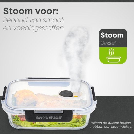 Savoré Kitchen Vershoudbakjes Set - met Stoom Deksel - Meal Prep Bakjes - Diepvriesbakjes Glas - Luchtdicht - 10 Stuks - 1040 & 380 ML