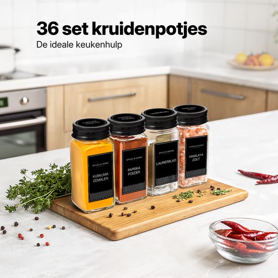 S.oud 36 Glazen Kruidenpotjes Vierkant met Deksel en Stickers - Kruidenstrooier - Kruidenglasjes - Complete set met 2 Soorten Strooideksels, Voorbedrukte Stickers en Trechter - 120 mL