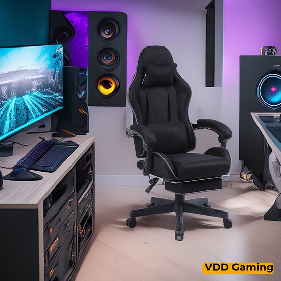 VDD Gaming - Gamestoel met massagefunctie en voetsteun - Gaming chair in de kleur Zwart - Game stoel met nekkussen & verstelbaar rugkussen - Ergonomische bureaustoel met padded armsteunen - Max draagvermogen 150 kg - Verstelbare ruggensteun