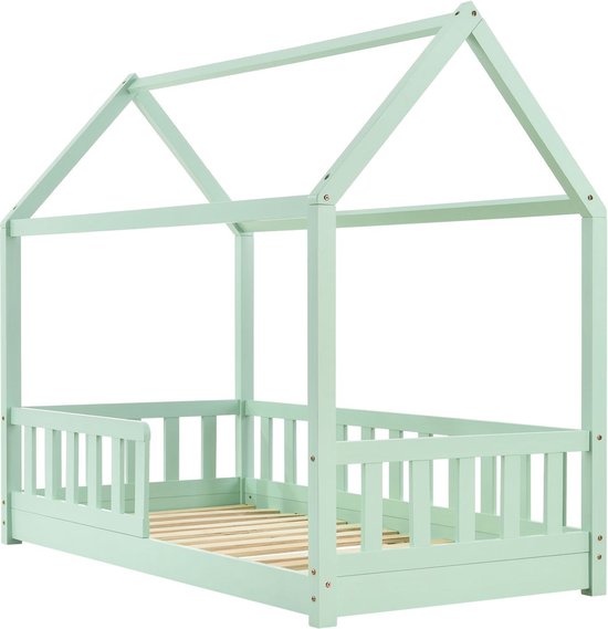 Juskys – Marli Kinderbed & Huisbed – 80 x 160 cm – Voorzien Van Uitvalbeveiliging En Lattenbodem – Voor Jongens En Meisjes – Mint Grenenhout