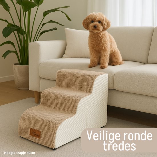 By Cee Cee – Hondentrap Kai – 40 x 57 x 40 cm – Voorzien Van Zelfherstellend Schuim En Anti-Slip Onderkant En Afritsbare Hoes – Voor Bank Of Bed – Bruin En Beige Textiel