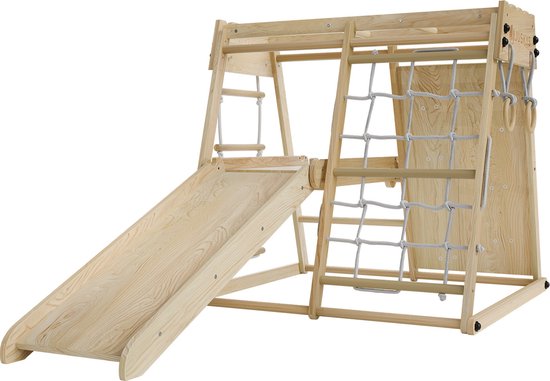 Juskys – Indoor Klimrek Voor Kinderen – 102 x 98 x 100 cm & Met Glijbaan En Klimwand – Voorzien Van Turnringen En Touwladder – Inklapbaar En Vrijstaand – Naturel En Bont Hout