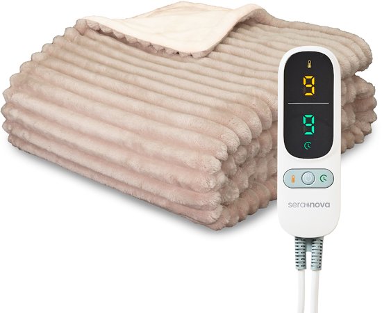 Seranova Elektrische Deken XXL - Extra Warmtedraden - Gestreept Model - 180x160 cm - 2 persoons Warmtedeken - Dubbelzijdig Fleece - Beige