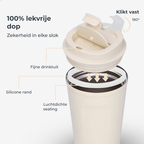Castagnola Thermosbeker - Koffiebeker To Go - Travel Mug voor Koffie en Thee - Theebeker - 380 ML - RVS - Offwhite