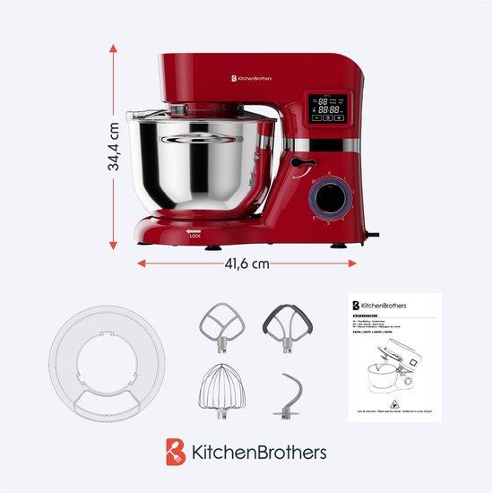 KitchenBrothers Keukenrobot - Display en Timer - Keukenrobot - 6,2L - Keukenmixer - 1400W - Rood