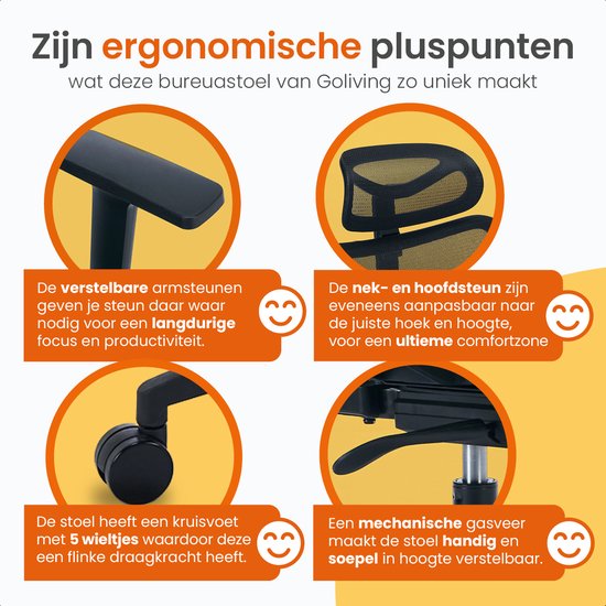 Goliving Ergonomische Bureaustoel - Office  Chair - Met Hoofdsteun - Kantoorstoel - Verstelbaar - Gaming - Voor Volwassenen - NEN-1335 - Zwart