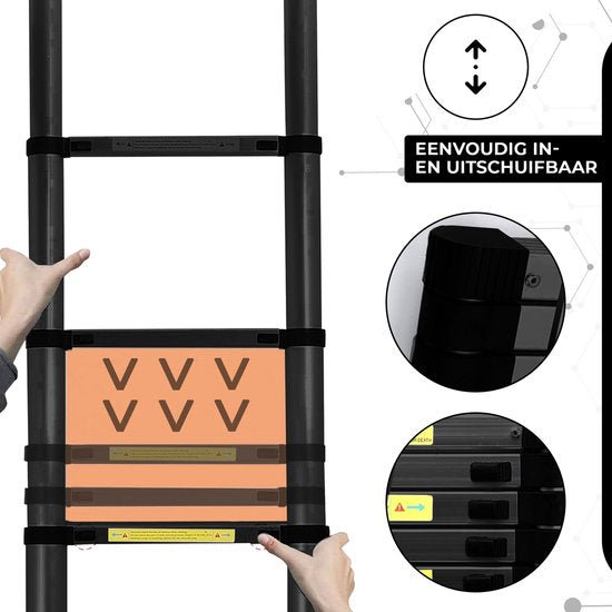 Outbee Telescopische Ladder - Telescopische Vouwladder - 2,6m Werkhoogte - Aluminium - Zwart