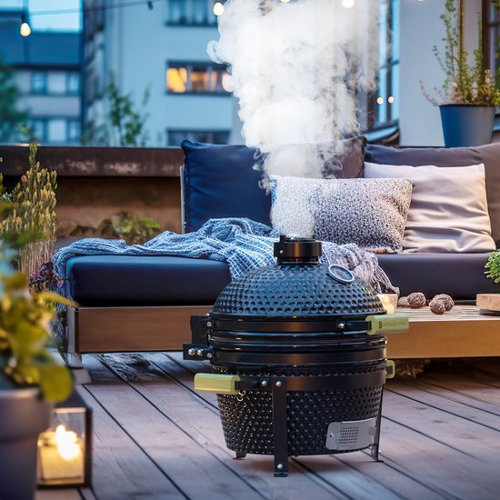 KitchenBrothers Kamado BBQ - 16 Inch Houtskool Barbecue - 34⌀ cm - Deluxe Set - Egg BBQ met Accessoires - Zwart