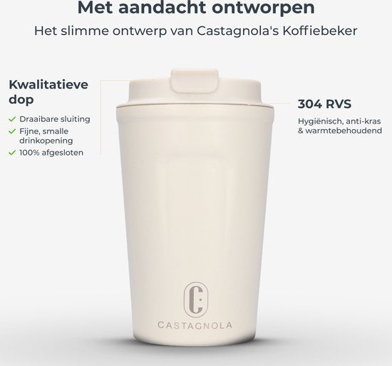 Castagnola Thermosbeker - Koffiebeker To Go - Travel Mug voor Koffie en Thee - Theebeker - 380 ML - RVS - Offwhite