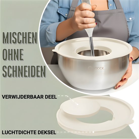 COOCK RVS Mengkommen set met Deksel - Beslagkommen met deksel - Bewaarbak met Rasp - Schaal voor Salades & Mengen - 22 Delige Set 1,5 t/m 5 Liter – Beige - Incl. Maatschepjes