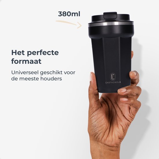 Castagnola Thermosbeker - Koffiebeker To Go - Travel Mug voor Koffie en Thee - Theebeker - 380 ML - RVS - Zwart - Octagon