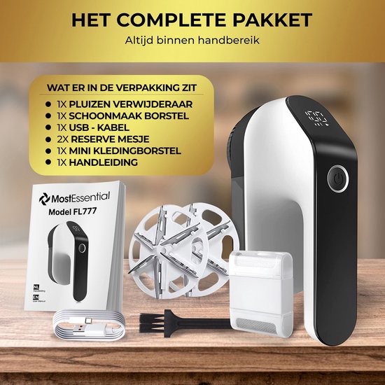 MostEssential Premium Elektrische Pluizenverwijderaar FL777 – Pluizentondeuse - USB-C Snellaadfunctie - Draadloos - 2000 mAh Batterij - PRO Edition