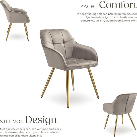 tectake® Fluwelen Stoel – Eetkamerstoel Met Gewatteerde Fluwelen Stof, Moderne Keukenstoelen, Comfortabele Fauteuil Voor Woonkamer, Eetkamer, Lounge – taupe / goud