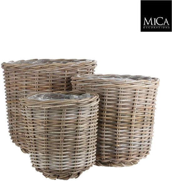 Mica Decorations Marcia Plantenmand Buiten - Set van 3 - H40 x Ø43 cm - Rotan - Grijs